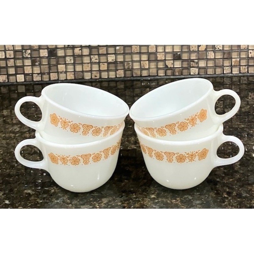 VTG  4 Pyrex Corning Ware Tea Coffee Cup Butterfly Gold C Handle Milk Glass